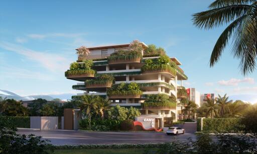 Modern apartment building with lush greenery on balconies