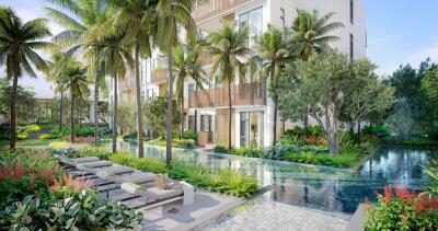 Serene outdoor area with pool and lush garden