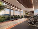 Modern fitness center with exercise machines and panoramic view