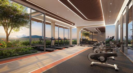 Modern fitness center with exercise machines and panoramic view