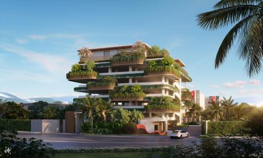 Modern apartment building with lush greenery and large balconies