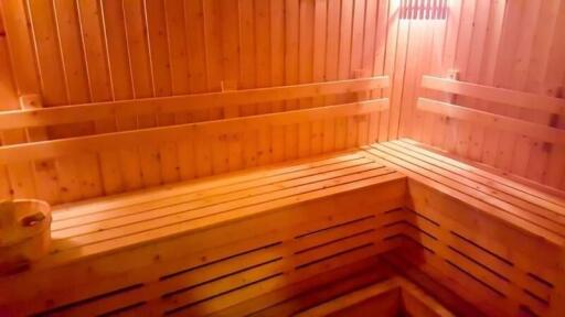 Wooden sauna room with built-in benches and soft lighting