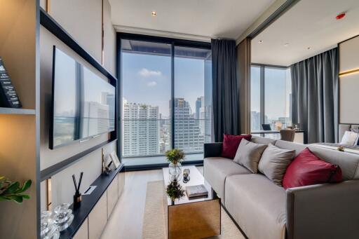 Modern living room with a view of the city