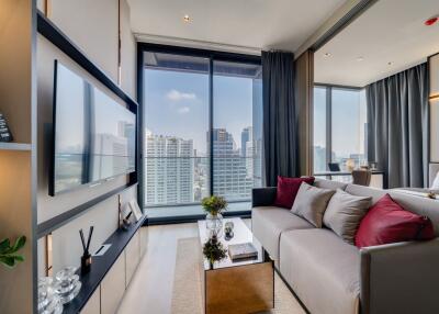 Modern living room with large windows and city view