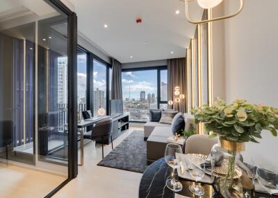 Modern open-plan living area with city view