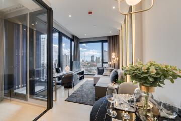 Modern open-plan living area with city view