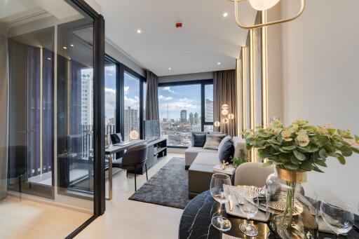 Modern open-plan living area with city view