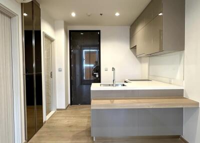 Modern kitchen with wood flooring and integrated cabinets