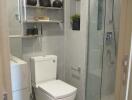 Modern bathroom with toilet, glass shower enclosure, and decorative shelves