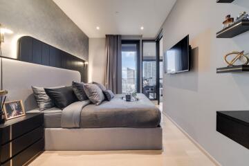 Modern bedroom with city view