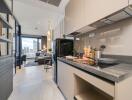 Modern kitchen with view into the living area