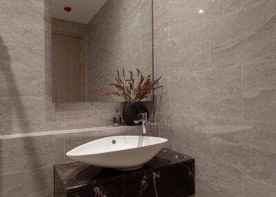 Modern bathroom with sleek sink and decorative elements