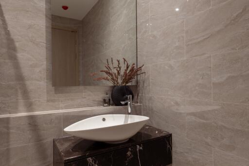 Modern bathroom with sleek sink and decorative elements