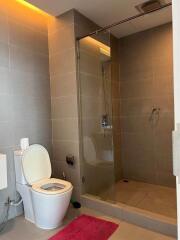 Modern bathroom with toilet and walk-in shower