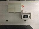 Modern kitchen with microwave and tile backsplash