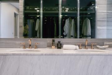 Bathroom with double sinks and mirrors