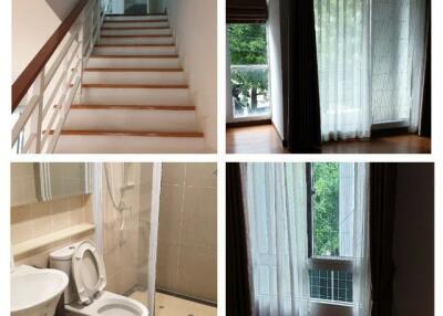 Collage of stairs, windows with curtains, and bathroom