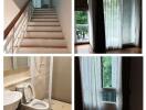 Collage of stairs, windows with curtains, and bathroom