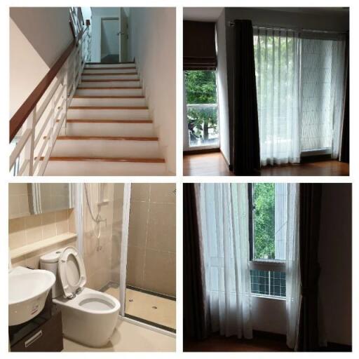 Collage of stairs, windows with curtains, and bathroom