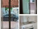 Collage of an apartment's sliding door windows with view, and a kitchen sink