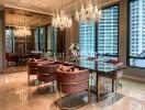 Elegant dining area with chandelier lighting and city view