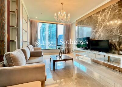 Luxurious living room with city view, modern furniture, and marble decor