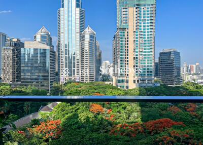 View of city skyscrapers with greenery