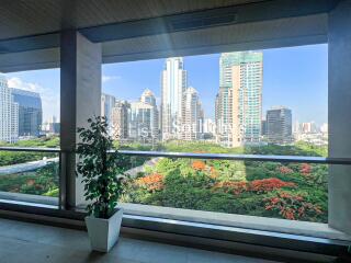 Balcony with city skyline and green view