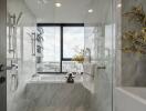 Modern bathroom with large window view and contemporary fixtures