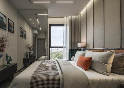 Modern bedroom with large window and decorative elements