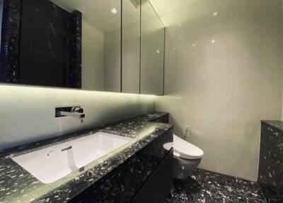 Modern bathroom with black marble counters and white fixtures