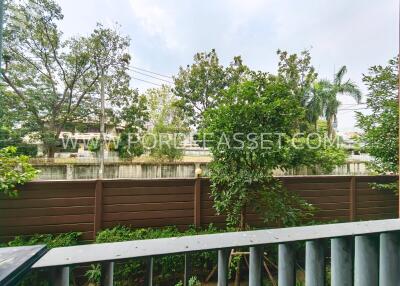 View of backyard with trees and wooden fence