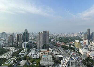 City skyline view from high-rise building balcony