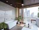 Luxurious bathroom with a freestanding bathtub and city view