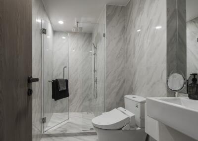 Modern bathroom with glass shower enclosure