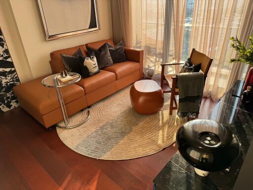 Cozy living room with brown sofa and round rug