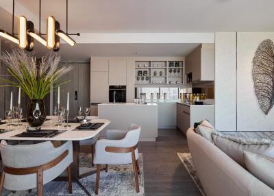 Modern open-plan kitchen and dining area with contemporary decor