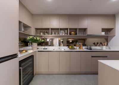 Modern kitchen with open shelves and fitted cabinetry