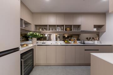 Modern kitchen with open shelves and fitted cabinetry