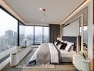 Modern bedroom with large windows and city view