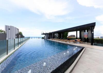 Modern rooftop infinity pool with glass fence and lounge chairs