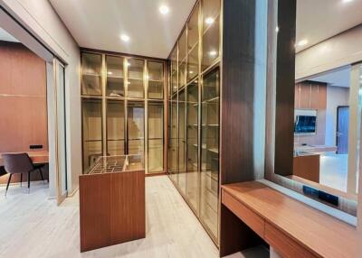 Modern walk-in closet with wooden cabinetry and lighting