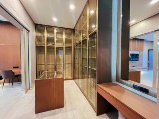 Modern walk-in closet with wooden cabinetry and lighting