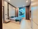 Modern bedroom with large window and pool view