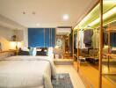 Modern bedroom with mirrored wardrobe and stylish decor