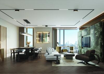 Modern living room with city view, stylish furniture and lighting