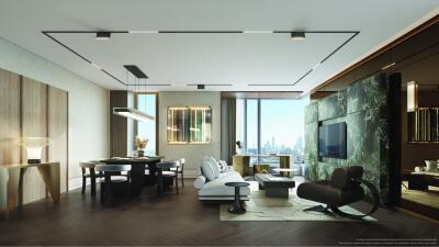 Modern living room with city view, stylish furniture and lighting