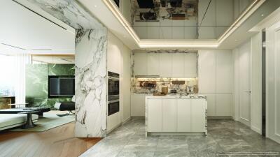 Modern kitchen with marble accent and adjacent living room