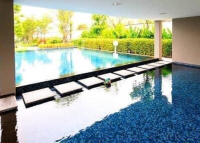 Swimming pool with stepping stones, surrounded by greenery and a basketball hoop