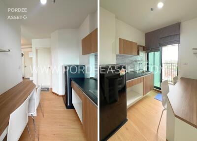 Modern kitchen with wooden cupboards and dining area